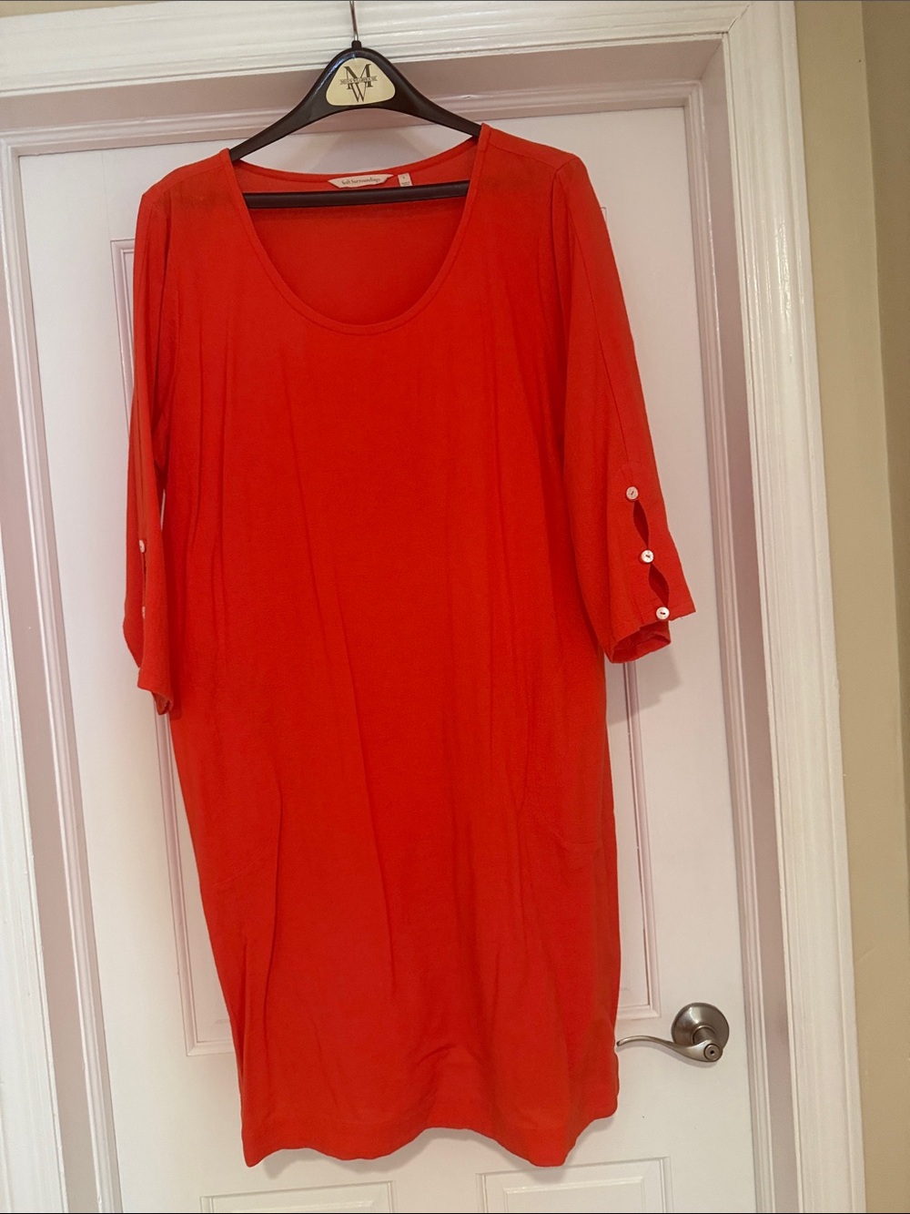Soft Surroundings Bright Red Scoop Neck Tunic with Buttoned 3/4 Sleeves